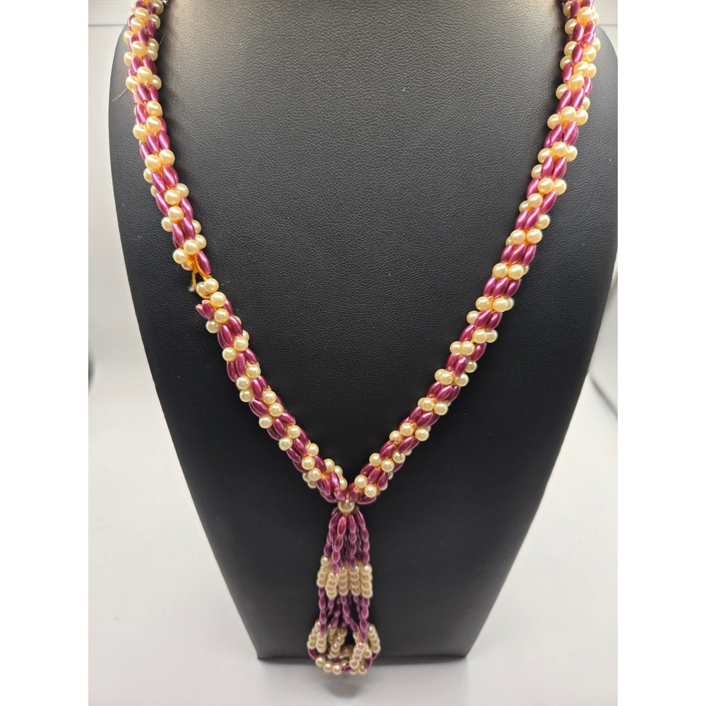 Vintage Woven Bead Lariat Tassel Necklace Magenta Cream UV Reactive Glow 19in